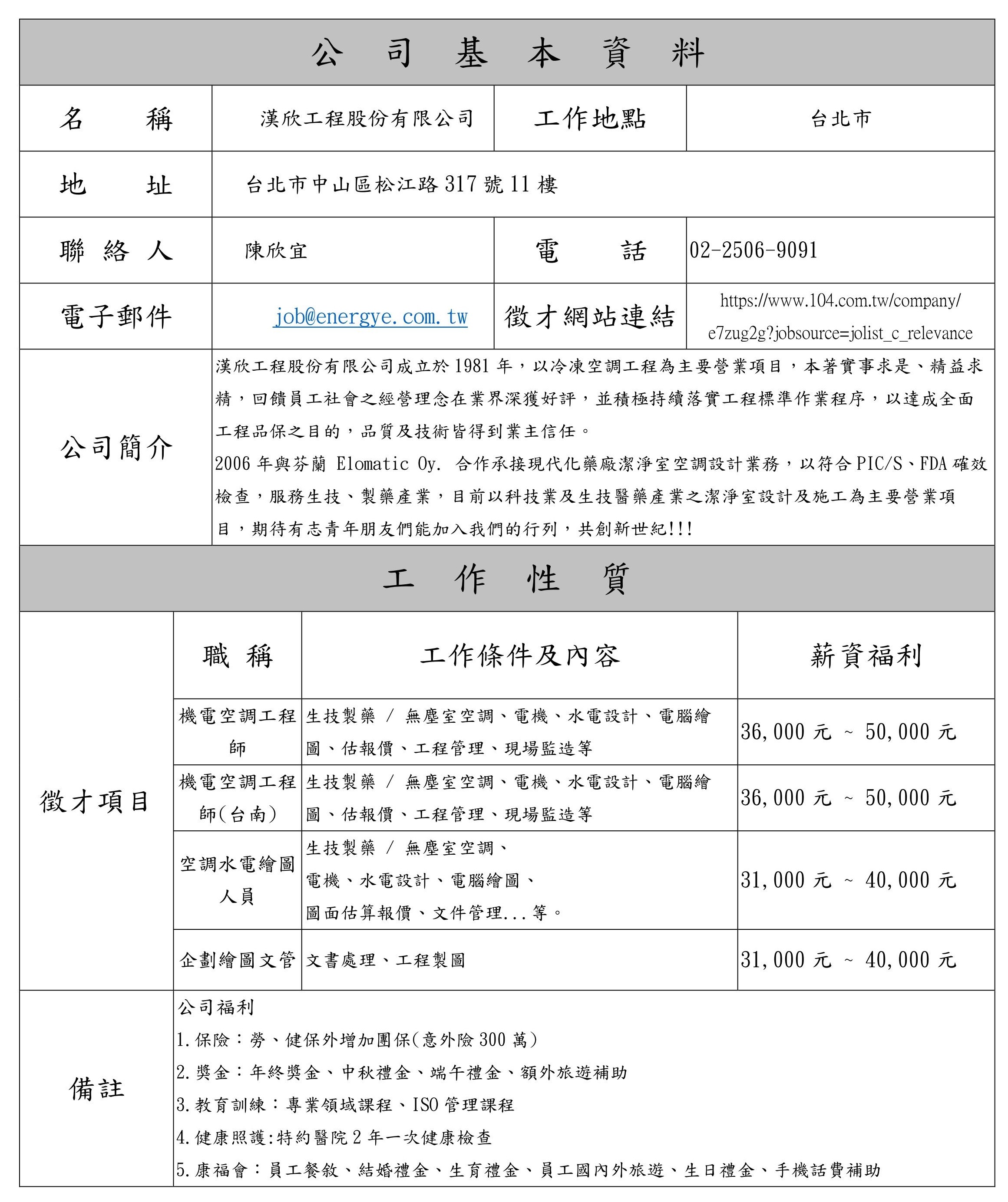 徵才-漢欣工程股份有限公司