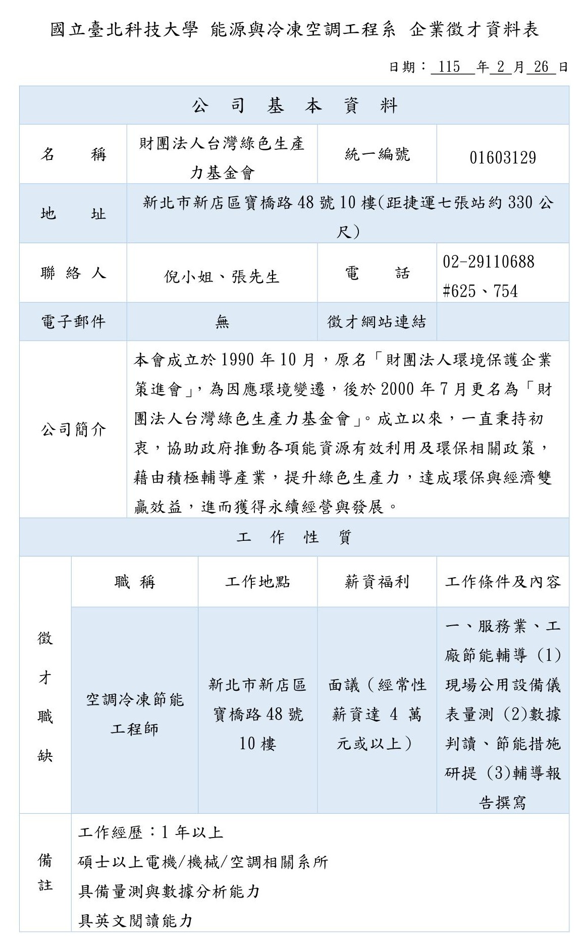 財團法人台灣綠色生產力基金會徵才資訊